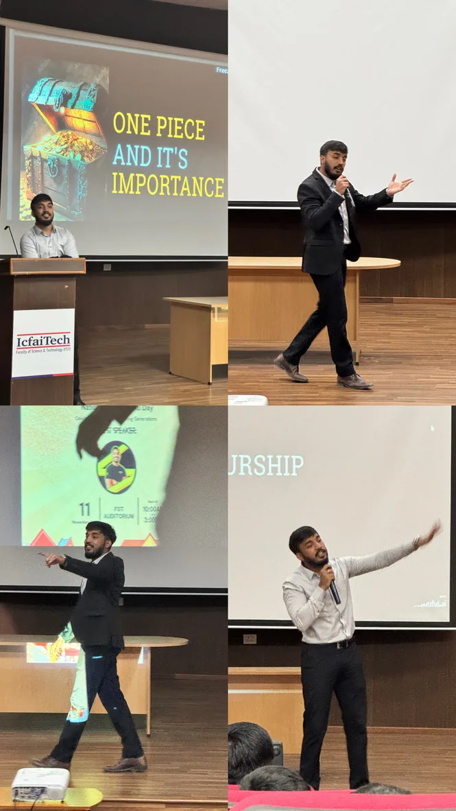 A collage of Siram speaking at ICFAI Tech