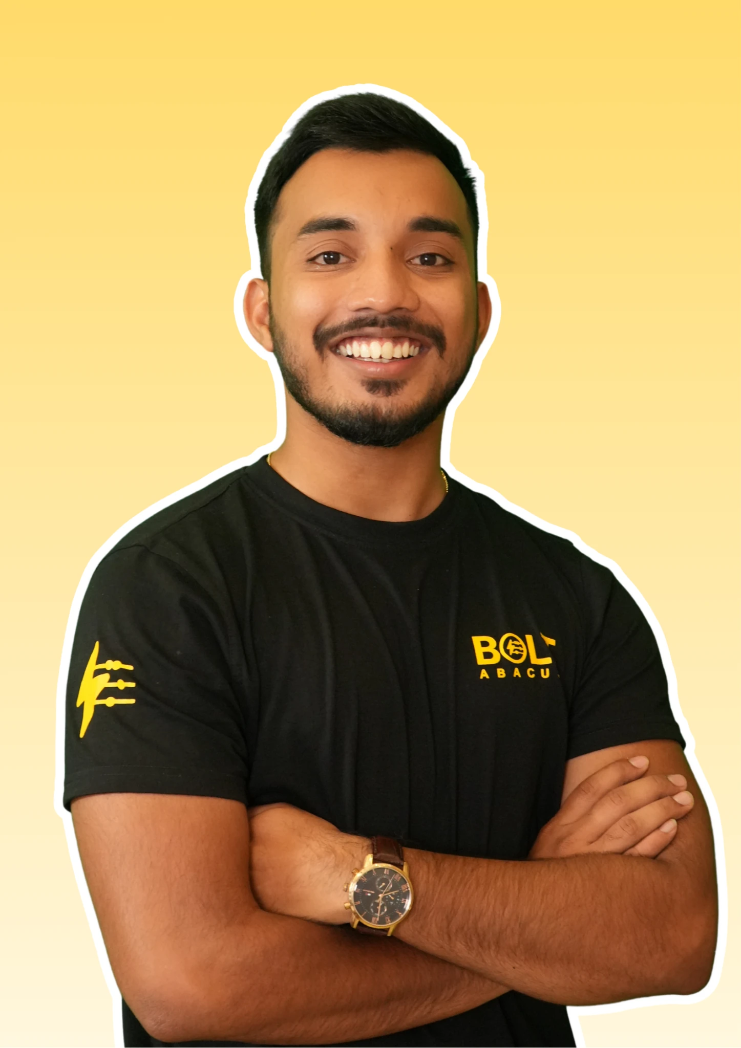 Siram Sankeerth smiling with folded arms in a Bolt Abacus T-shirt