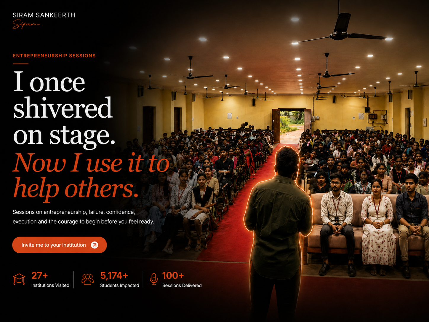 Siram Sankeerth speaking to a packed auditorium during an entrepreneurship session
